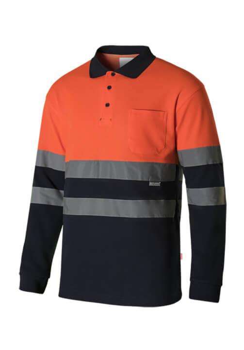 Polo bicolor alta visibilidad manga larga con Algodón Velilla 305515, Naranja flúor-marino
