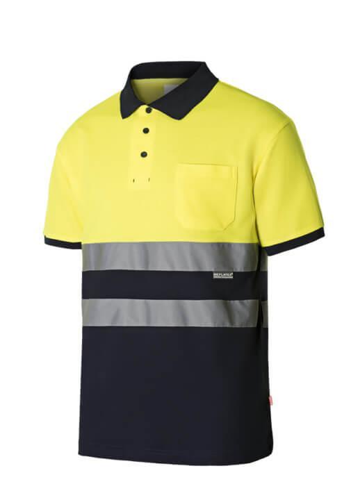 Polo bicolor alta visibilidad manga corta con Algodón Velilla 305513, Amarillo fluor-marino