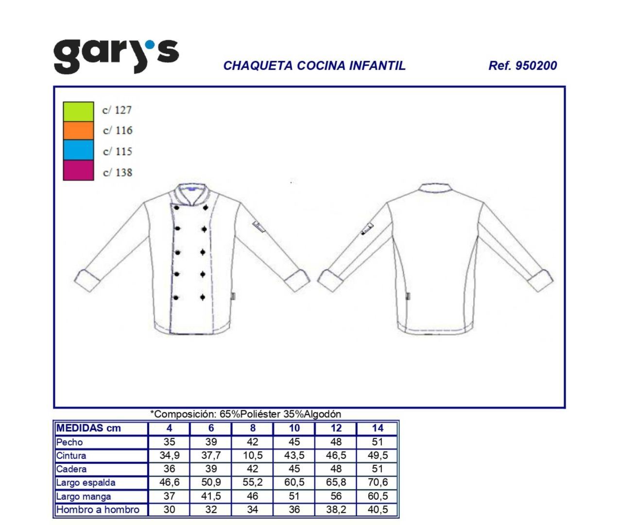 Guía de talla 950200 Garys